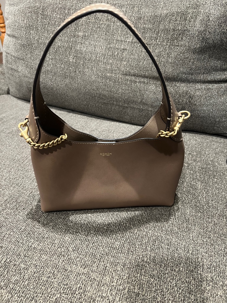 Coach Taupe Leather Shoulder Bag With Gold Chain Accents